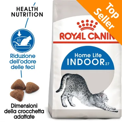 Royal Canin Home Life Indoor 27, Top Seller. Riduzione dell’odore delle feci, dimensioni della crocchetta adattate, immagine di gatto e crocchette visibili sulla confezione. Royal Canin Home Life Indoor 27, Top Seller. Riduzione dell’odore delle feci, dimensioni della crocchetta adattate, immagine di gatto e crocchette visibili sulla confezione.