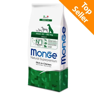 Monge Natural Superpremium Maxi 32–80 kg Adult, Ricco di Pollo, sacco da 12 kg. Testo visibile: Made in Italy, Daily Line, Top Seller, N°1 Chicken Pollo.