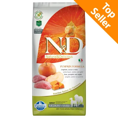 Farmina N&D Natural & Delicious Pumpkin Formula per cani adulti taglia media e grande, cinghiale, zucca e mela, senza cereali, Top Seller visibile in alto a destra.