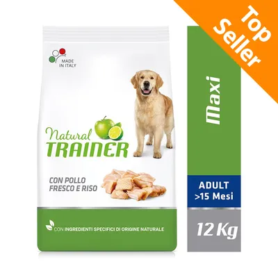 Natural Trainer Maxi Adult >15 Mesi con pollo fresco e riso, 12 kg. Con ingredienti specifici di origine naturale. Made in Italy. Top Seller.