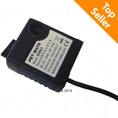 PET MATE modello 33501, AC 12V 50Hz 2W IPX8, Hmax 0,5m Qmax 250L/H, etichetta con istruzioni e sito www.pet-mate.com, angolo arancione con scritta Top Seller