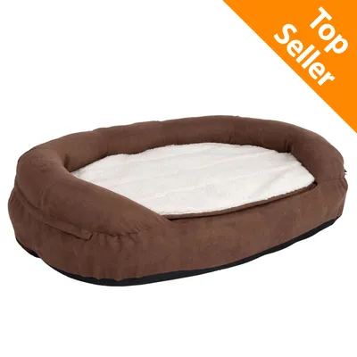 Cuscino ovale per animali in tessuto marrone con interno bianco, angolo arancione in alto a destra con testo inglese 'Top Seller'.