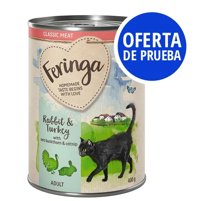 Lata de comida para gatos Feringa Rabbit & Turkey with sea buckthorn & catnip, 400 g. Etiqueta 'OFERTA DE PRUEBA' en azul. Indicado para adultos. Imagen de gato negro y dibujos de pavo y conejo.