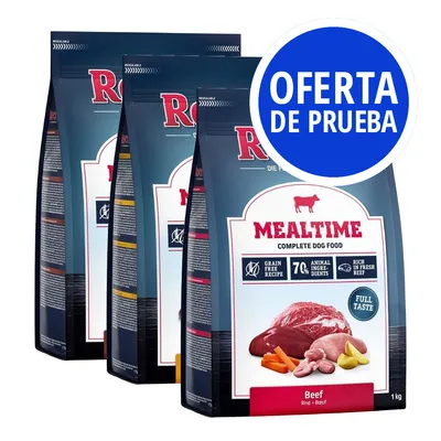 Pienso para perros Mealtime Beef 1 kg, receta sin cereales, 70 % ingredientes animales, rico en ternera fresca. Etiqueta azul: OFERTA DE PRUEBA.