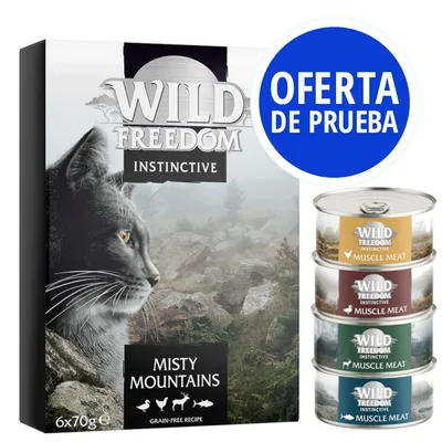 Wild Freedom Instinctive Misty Mountains, pack de 6x70g y 4 latas Muscle Meat. Texto visible: OFERTA DE PRUEBA.
