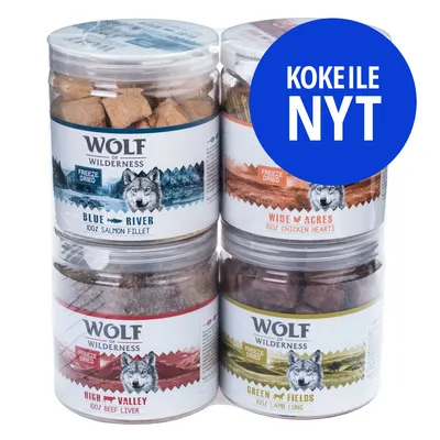 Wolf of Wilderness -koiranherkut: Blue River 100% Salmon Fillet, Wide Acres 100% Chicken Hearts, High Valley 100% Beef Liver, Green Fields 100% Lamb Lung. Kokeile nyt.