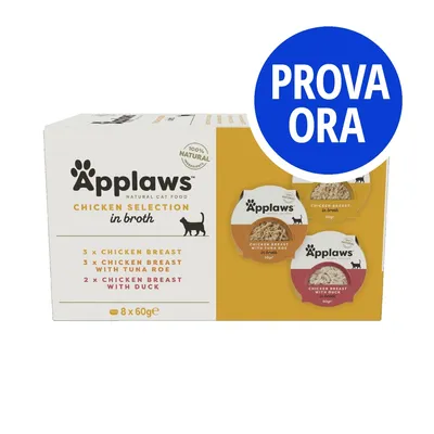 Applaws Chicken Selection in broth, 8 x 60g: 3 petti di pollo, 3 petti di pollo con uova di tonno, 2 petti di pollo con anatra. Testo visibile: PROVA ORA.