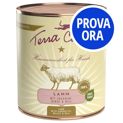 Terra Canis Hausmannskost für Hunde Lamm mit zucchine, miglio e aneto. 100% Natur. Etichetta blu con testo: PROVA ORA.