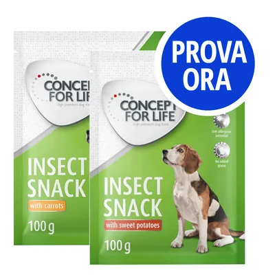 Concept for Life Insect Snack with carrots 100 g e Insect Snack with sweet potatoes 100 g, confezioni verdi con cane, testo: PROVA ORA, Low allergenic potential, No added grains.