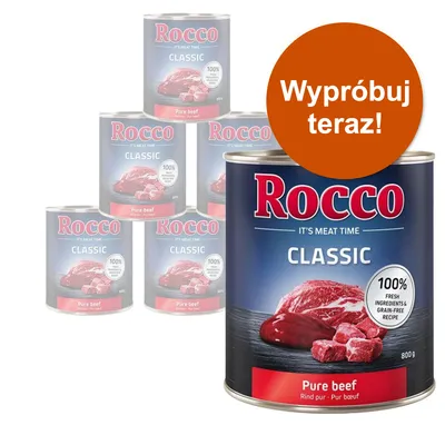 Rocco Classic Pure beef, 800 g. 100% fresh ingredients & grain-free recipe. Wypróbuj teraz! Widoczne kilka puszek karmy mokrej dla psów z wołowiną.
