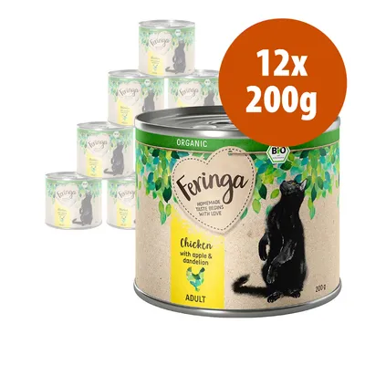 Set 12x200g Feringa Organic Chicken with apple & dandelion ADULT, confezioni con illustrazione di gatto nero e scritta 'Homemade taste begins with love'.