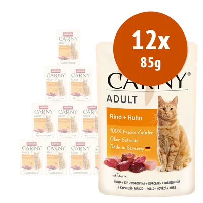 Animonda Carny Adult Rind + Huhn, confezione 12x85g. Testo visibile: 100% frische Zutaten, Ohne Getreide, Made in Germany. Immagine di gatto e pezzi di carne sulla confezione.