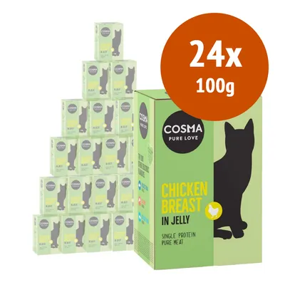 Cosma Pure Love Chicken Breast in Jelly, confezione da 24x100g. Testo visibile: single protein, pure meat. Immagine di scatole verdi con silhouette di gatto.