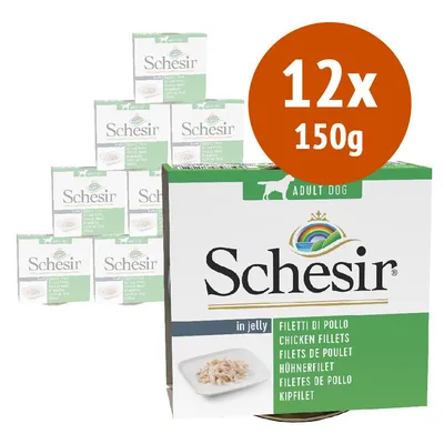 Schesir Adult Dog in jelly, filetti di pollo. Confezione da 12 x 150 g. Testo visibile: Chicken fillets, Filets de poulet, Hühnerfilet, Filetes de pollo, Kipfilet.