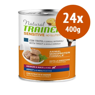 Natural Trainer Sensitive No Gluten con trota e cereali integrali, formula monoproteica animale, adult medium & maxi >11 kg, 24x400g, con estratto di ananas, aiuta la digestione.