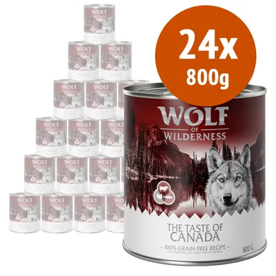 24 lattine da 800 g Wolf of Wilderness The Taste of Canada, ricetta senza cereali, testo visibile: 100% grain-free recipe with fresh beef, cod, turkey and cranberries. 24 lattine da 800 g Wolf of Wilderness The Taste of Canada, ricetta senza cereali, testo visibile: 100% grain-free recipe with fresh beef, cod, turkey and cranberries.