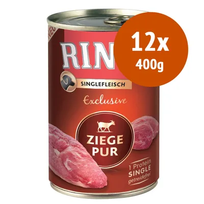 Rinti Singlefleisch Exclusive Ziege Pur, confezione 12x400g. Testo visibile: 1 Protein Single getreidefrei. Etichetta in tedesco. Rinti Singlefleisch Exclusive Ziege Pur, confezione 12x400g. Testo visibile: 1 Protein Single getreidefrei. Etichetta in tedesco.