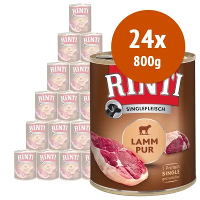 24 lattine da 800 g di Rinti Singlefleisch Lamm Pur, visibile scritta '1 Protein Single getreidefrei', immagine carne d'agnello sulla confezione.