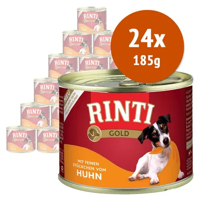 Set 24 lattine Rinti Gold Huhn da 185 g, etichetta visibile con cane e testo tedesco 'mit feinen Stückchen vom Huhn'. Set 24 lattine Rinti Gold Huhn da 185 g, etichetta visibile con cane e testo tedesco 'mit feinen Stückchen vom Huhn'.