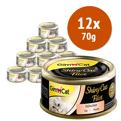 GimCat ShinyCat Filet Hühnchen, confezione da 12 lattine da 70 g ciascuna. Testo visibile: 100% naturale, Kip, Poulet.