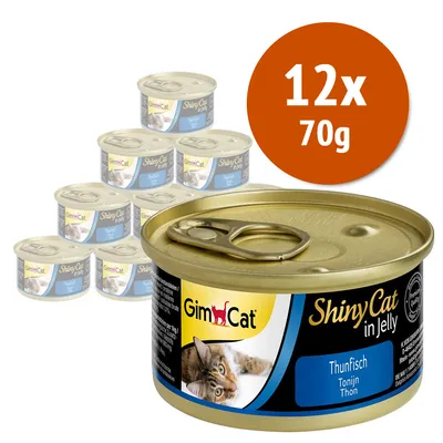 GimCat ShinyCat in Jelly Thunfisch, confezione da 12 lattine da 70 g ciascuna. Etichetta visibile con immagine di gatto e testo: Thunfisch, Tonijn, Thon.