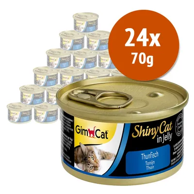 GimCat ShinyCat in Jelly Thunfisch, confezione da 24 lattine da 70 g ciascuna. Etichetta visibile con immagine di gatto e testo: Thunfisch, Tonijn, Thon.