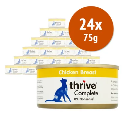 24 lattine da 75 g di thrive Complete Chicken Breast, confezione con etichetta gialla e silhouette di gatto blu, testo visibile: 0% Nonsense.