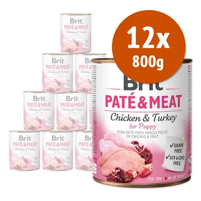 Brit Paté & Meat Chicken & Turkey for Puppy, confezione da 12 lattine da 800 g. Testo visibile: Grain free, Soy & GMO free.