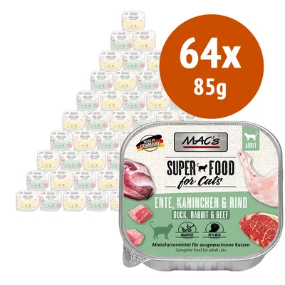 MAC's Super Food for Cats, 64 vaschette da 85 g, gusto anatra, coniglio e manzo. Testo visibile: Made in Germany, Adult, Grainfree, 99% meat, alimento completo per gatti adulti.