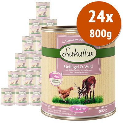 Lukullus Junior 24 x 800 g Mix 1: 12 x Cuori di Tacchino & Agnello, 12 x Pollo & Vitello