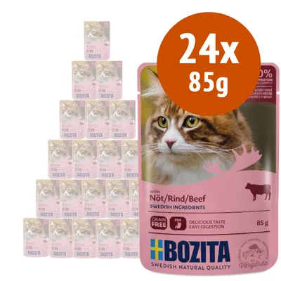 Confezione da 24 bustine Bozita con manzo per gatti, 85 g ciascuna. Testo visibile: Grain Free, Delicious Taste Easy Digestion, Swedish Ingredients, Nöt/Rind/Beef.