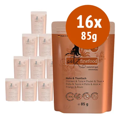 Catz finefood Pollo & Tonno, confezione da 16 buste da 85 g ciascuna. Testo visibile: naturalmente buono, Huhn & Thunfisch, senza zucchero aggiunto, testato su animali.