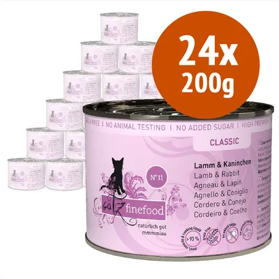 24 lattine da 200 g di cibo umido per gatti catz finefood Classic N°11, gusto agnello e coniglio. Testo visibile: grain free, no animal testing, no added sugar, high premium. 24 lattine da 200 g di cibo umido per gatti catz finefood Classic N°11, gusto agnello e coniglio. Testo visibile: grain free, no animal testing, no added sugar, high premium.