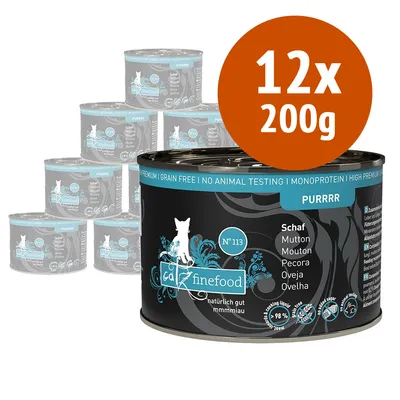 Confezione da 12 lattine da 200 g di cibo per gatti catz finefood PURRRR N°113, gusto pecora. Testo visibile: grain free, no animal testing, monoprotein, high premium.