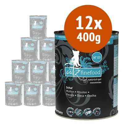 catz finefood N°113, confezione da 12 lattine da 400 g ciascuna, gusto pecora. Testo visibile: Schaf, Mutton, Mouton, Pecora, Oveja, Ovelha. Senza zuccheri aggiunti. catz finefood N°113, confezione da 12 lattine da 400 g ciascuna, gusto pecora. Testo visibile: Schaf, Mutton, Mouton, Pecora, Oveja, Ovelha. Senza zuccheri aggiunti.