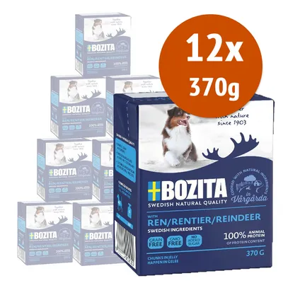 Confezione multipla Bozita con renna, 12x370g, 100% proteine animali, senza cereali, senza OGM, senza zuccheri aggiunti. Immagine di cane sulla scatola. Confezione multipla Bozita con renna, 12x370g, 100% proteine animali, senza cereali, senza OGM, senza zuccheri aggiunti. Immagine di cane sulla scatola.