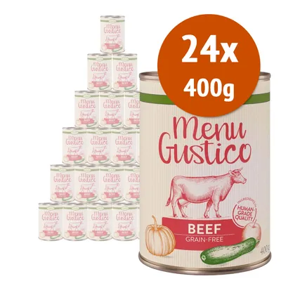 24 lattine da 400 g di Menu Gustico Beef Grain-Free, con disegni di zucca e zucchina sulla confezione. Testo visibile: Human Grade Quality, ingredienti.