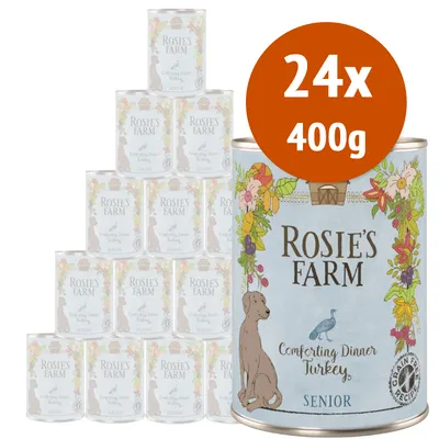 24 lattine da 400 g di cibo per cani anziani Rosie’s Farm Comforting Dinner Turkey, scritta visibile: Grain Free Recipe, SENIOR.