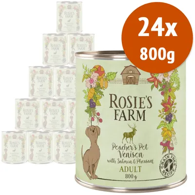 Rosie's Farm Poacher's Pot Venison with Salmon & Pheasant Adult, confezione da 24 lattine da 800 g ciascuna. Testo visibile: Grain Free Recipe. Rosie's Farm Poacher's Pot Venison with Salmon & Pheasant Adult, confezione da 24 lattine da 800 g ciascuna. Testo visibile: Grain Free Recipe.