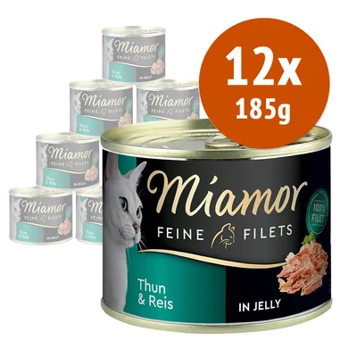 Miamor Feine Filets Thun & Reis in Jelly, confezione da 12 lattine da 185 g ciascuna, visibile immagine di gatto e filetto sulla confezione.