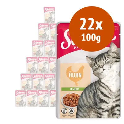 Schmusy Ragout mit Huhn in Jelly, confezione da 22 buste da 100 g ciascuna, immagine di gatto e ciotola con bocconcini. Testo visibile: 'getreidefrei', 'ohne zuckerzusatz'.