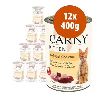 12 lattine da 400 g di Animonda Carny Kitten Geflügel-Cocktail, 100% frische Zutaten, Ohne Getreide & Zucker, con immagine di un gattino e pezzi di carne visibili sull'etichetta.