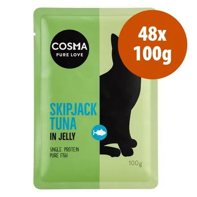 Cosma Pure Love Skipjack Tuna in Jelly, Single Protein Pure Fish, confezione 48x100g visibile sulla busta verde con silhouette di gatto nera e testo in inglese.
