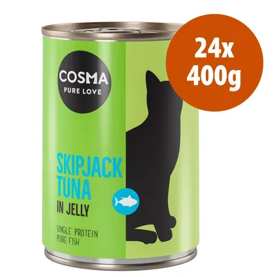 Cosma Pure Love Skipjack Tuna in Jelly, confezione 24x400g, single protein pure fish. Lattina verde con silhouette di gatto e testo visibile sull'etichetta.