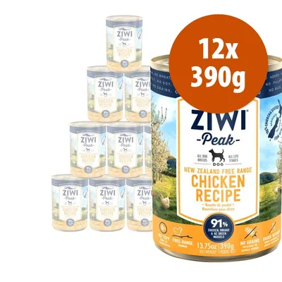 12 lattine da 390 g ciascuna di Ziwi Peak Chicken Recipe per cani, visibile etichetta con scritta '91% chicken, organs & green mussels', 'New Zealand free range'. 12 lattine da 390 g ciascuna di Ziwi Peak Chicken Recipe per cani, visibile etichetta con scritta '91% chicken, organs & green mussels', 'New Zealand free range'.