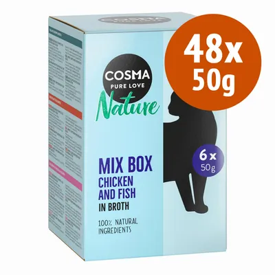 Cosma Pure Love Nature Mix Box Chicken and Fish in Broth, 48x50g, 100% natural ingredients. Confezione con silhouette di gatto e scritta 6x50g.