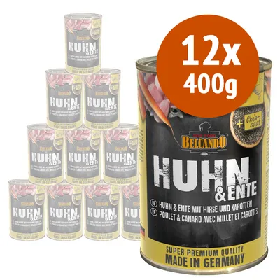 Belcando Huhn & Ente, confezione da 12 lattine da 400 g. Testo visibile: 'Huhn & Ente mit Hirse und Karotten', 'Super Premium Quality Made in Germany', '+ Chiasaat'.