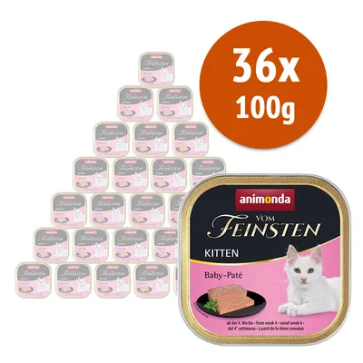 36 vaschette da 100 g di Animonda Vom Feinsten Kitten Baby-Paté, confezione visibile con immagine di un gatto bianco e scritta 'ab der 4. Woche' sulla confezione. 36 vaschette da 100 g di Animonda Vom Feinsten Kitten Baby-Paté, confezione visibile con immagine di un gatto bianco e scritta 'ab der 4. Woche' sulla confezione.