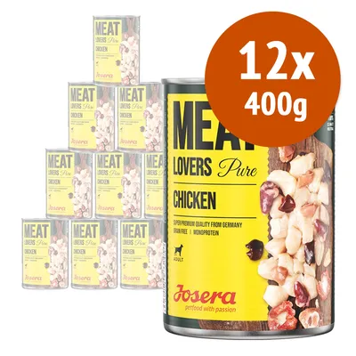 12 lattine da 400 g Josera Meat Lovers Pure Chicken, etichetta visibile: super premium quality from Germany, grain free, monoprotein, adult. Immagine di carne sul davanti.