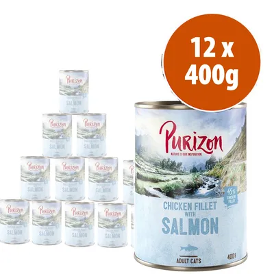 Latas de Purizon Chicken Fillet with Salmon para gatos adultos, 12 unidades de 400 g. Texto visible: 45% chicken fillet.